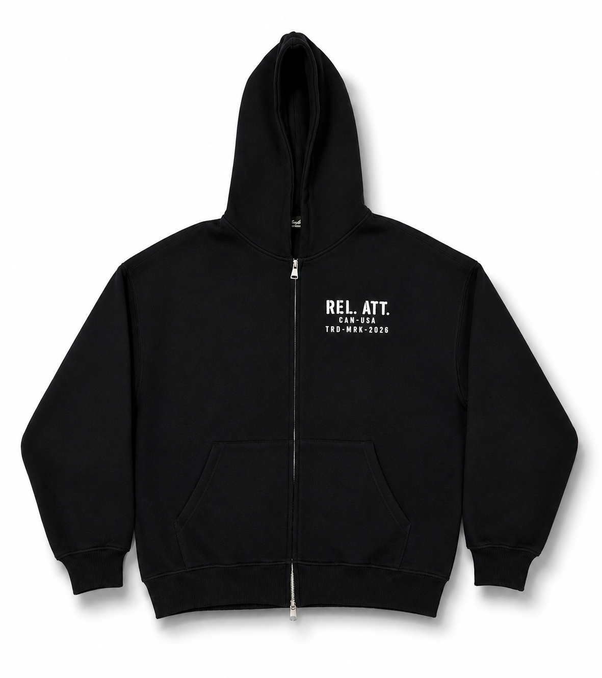 Zip Up Trademark Hoodie Front View Black